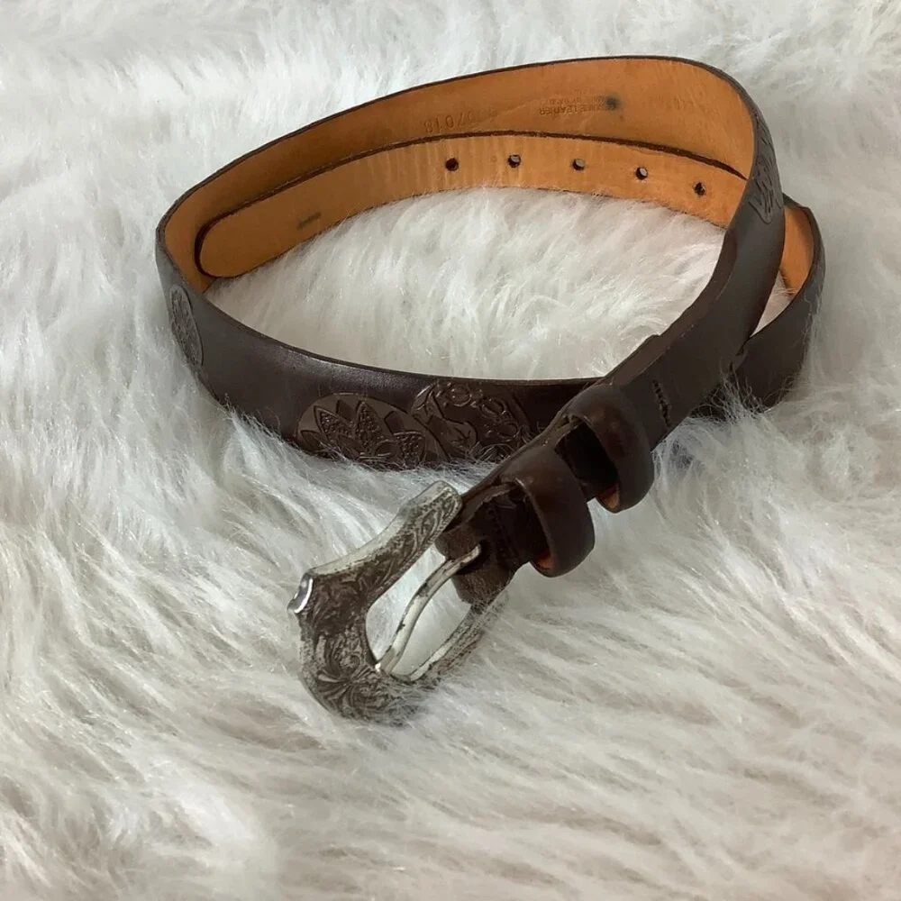 Martin Dingman Brown Tooled Leather Belt & Silver Etched Buckle 32